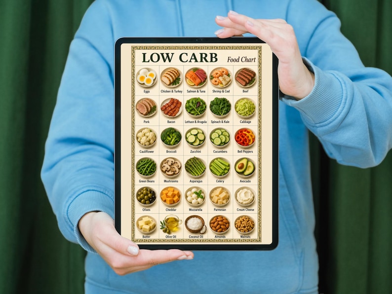 Puede incluir: Una tableta digital que muestra una tabla de alimentos bajos en carbohidratos con una cuadr&iacute;cula de varios art&iacute;culos alimenticios, incluyendo huevos, carnes, verduras, quesos y aceites. Cada art&iacute;culo est&aacute; etiquetado con su nombre en ingl&eacute;s.