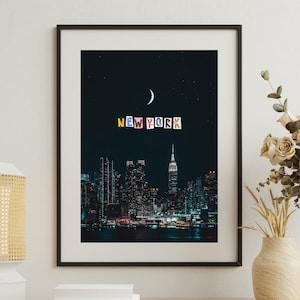 New York City Night Skyline Poster – NYC Digital Download Wall Art, Empire State Building, Crescent Moon, Modern Printable Travel Photo