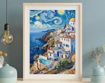 Download digitale della costa di Santorini / Arte murale greca ispirata a Van Gogh / Grecia stampabile / Decorazioni mediterranee / Arte digitale costiera