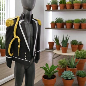 Puede incluir: Una chaqueta negra de estilo militar con charreteras y adornos dorados, exhibida en un maniquí. La chaqueta presenta detalles blancos y botones dorados. Un cordón dorado en forma de cuerda cuelga del hombro. El fondo incluye estantes con suculentas y plantas en macetas.