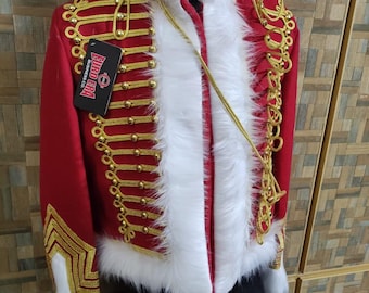 May include: A red jacket with gold trim and white faux fur accents. The jacket features gold buttons, decorative gold trim, and a white faux fur collar and cuffs. The jacket has a tag that reads "EURO ERA BUSINESS CO."