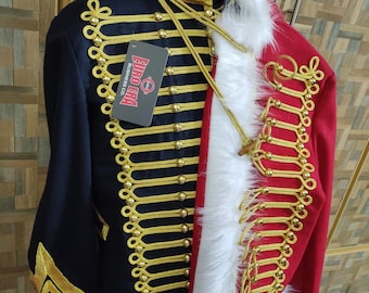 May include: A military-style jacket in navy blue and red, adorned with gold trim and buttons. The jacket features a high collar and white faux fur trim. A tag with the text "EURO ERA BUSINESS CO." is attached.