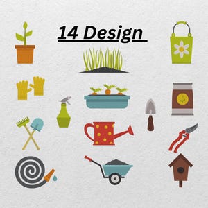 Könnte beinhalten: Eine Sammlung von 14 Gartenbau-Design-Icons, darunter eine Topfpflanze, Gras, ein Eimer mit einer Blume, Gartenhandschuhe, ein Sprühgerät, eine Schale mit Karotten, eine Kelle, ein Düngemittelbeutel, eine Harke und Schaufel, eine Gießkanne, eine Schubkarre, ein Schlauch, ein Vogelhaus und eine Gartenschere.