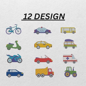 Vehicles Embroidery Design Set – 12 Car Truck Bike Taxi Bus Tractor Machine Embroidery Files – Kids Transport Themed Digital Download
