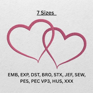 May include: A digitally embroidered design featuring two intertwined pink hearts. The text "7 Sizes" is above the hearts, and various file formats are listed below, including EMB, EXP, and DST.