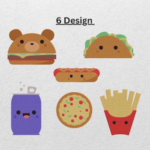 Fast Food Embroidery Designs – Cute Burger, Pizza, Taco, Hot Dog, Fries & Soda – 6 Fun Machine Embroidery Files