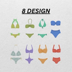 May include: An illustration of eight different bikini designs in various colors, including green, blue, orange, and purple. The text "8 DESIGN" is displayed above the bikini tops and bottoms.