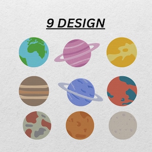 May include: Nine planet designs are shown, each a colourful, circular illustration. The planets include Earth, Saturn, and others, with varying colours and textures. The text "9 DESIGN" is above the planets.