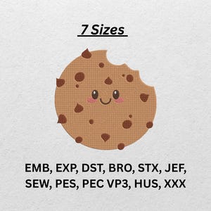 May include: A cartoon cookie with a bite taken out, featuring a smiling face and chocolate chips. The text "7 Sizes" is above the cookie. Below the cookie are the abbreviations: EMB, EXP, DST, BRO, STX, JEF, SEW, PES, PEC VP3, HUS, XXX.