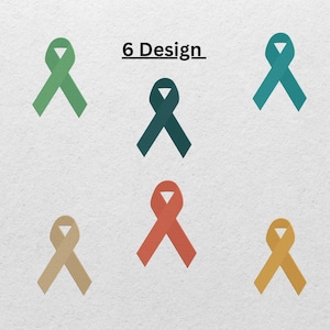Könnte beinhalten: Sechs farbige Awareness-Schleifen in Grün-, Türkis-, Dunkeltürkis-, Beige-, Orange- und Gelbtönen werden auf einem strukturierten weißen Hintergrund dargestellt. Der Text "6 Design" befindet sich über den Schleifen. Jede Schleife hat einen dreieckigen Ausschnitt.