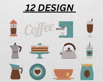 Puede incluir: Una colección de 12 diseños con temática de café. Los diseños incluyen una prensa francesa, una cafetera, una máquina de espresso, una bebida de café, una cafetera, un pastel, una tetera, una taza para llevar, una taza de café, un platillo y una bolsa de granos de café. También se muestra la palabra "Coffee".
