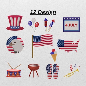 May include: A collection of 12 patriotic designs, including a Uncle Sam hat, balloons, fireworks, a calendar with "4 July", an eagle, the American flag, a map of the USA, ice cream, a drum, a grill, flip-flops, and a trumpet.
