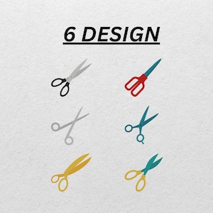 May include: Image featuring six different scissor designs in various colors. The text "6 DESIGN" is displayed above the scissors. The scissors are in black, red, blue, silver, and gold.