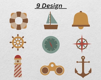 Peut inclure: Neuf motifs sur le thème nautique sont présentés, dont une bouée de sauvetage, un voilier, une cloche, une roue de navire, une boussole, une rose des vents, un phare, des jumelles et une ancre. Le texte "9 Design" est au-dessus.