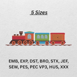 May include: A vibrant train illustration featuring a red engine, orange carriage, green carriage, and a brown caboose. The text "5 Sizes" is above the train. Below the train are embroidery file format abbreviations.