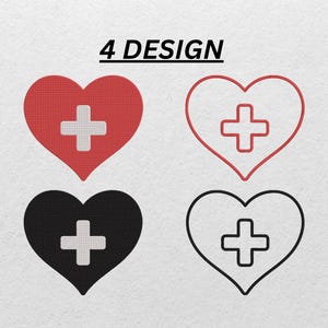 May include: Four heart designs with a medical cross symbol. The hearts are in red, black, and outlined in red and black. The text "4 DESIGN" is above the hearts.