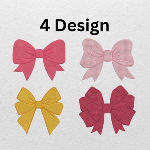 Puede incluir: Cuatro diseños de lazo en tonos rosa, amarillo y rojo se muestran sobre un fondo blanco. El texto "4 Design" está en la parte superior. Cada lazo tiene una forma y un color distintos, ofreciendo una variedad de opciones.