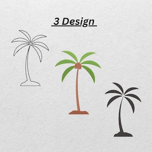 May include: Three palm tree designs are displayed on a textured, off-white background. The text "3 Design" is above the trees. The designs include a line drawing, a colored illustration, and a solid black silhouette.