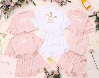 Custom Satin Pajamas with Name, Personalized Adult Short Sleeve Set