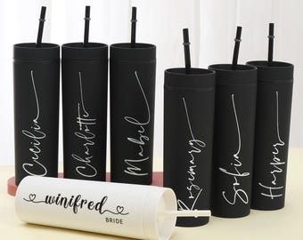 Personalized Bridesmaid Tumbler Cup with Straw, Custom Name Bride Gift, Wedding Party Skinny Cup, Bachelorette Gift for Her