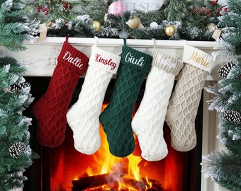 Embroidered Knitted Christmas Stocking, Personalized Family Name, Cable Knit