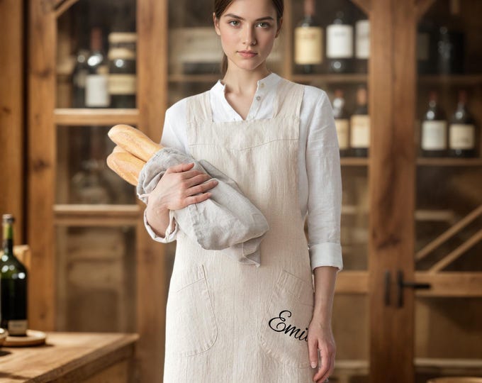 Cross Back Linen Apron with Pockets Personalized Gift Apron for Women Cotton Kitchen Apron for Baking Gardening Barista Gift