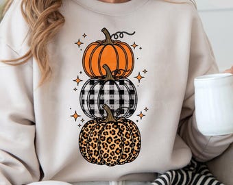Leopard & Plaid Stacked Pumpkins PNG - Fall Sublimation (Digital Download)