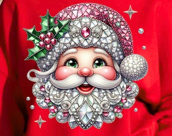 Retro Jeweled Santa Claus Rhinestone Png Faux Crystal Sparkle Holiday Sublimation Bling Christmas Design Png Christmas 2026 Digital Download