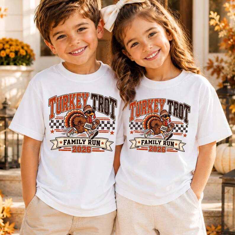May include: Two white short-sleeved t-shirts featuring a graphic of a running turkey wearing sunglasses and sneakers. The text reads Turkey Trot Family Run 2026. The design includes a checkered pattern, stars, and orange and brown lettering.