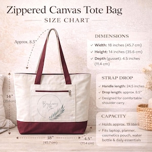 May include: Cream-colored canvas tote bag with a zippered closure and burgundy accents. The bag features a front pocket with a zipper and a logo. Dimensions: 18 inches (45.7 cm) wide, 14 inches (35.6 cm) high, and 4.5 inches (11.4 cm) deep. The bag holds approximately 19 liters.