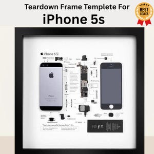 May include: A framed iPhone 5s teardown template, showcasing the phone's components. The black frame surrounds a white background with the phone's parts laid out. Text at the top reads "Teardown Frame Template For iPhone 5s."