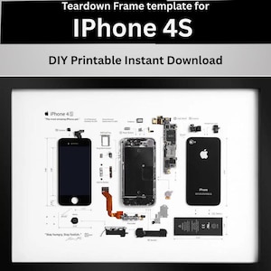 May include: A framed print featuring a deconstructed iPhone 4S, with components laid out and labeled. The print includes the text "Teardown Frame template for iPhone 4S" and "DIY Printable Instant Download". The iPhone's front and back are shown.