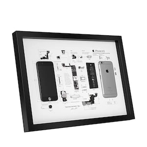 May include: Framed print featuring an exploded view diagram of an iPhone 6S. The diagram shows the phone's internal components, including the battery, logic board, and camera. The phone's exterior is also shown. The frame is black.