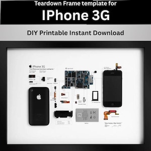 May include: A framed print featuring a deconstructed iPhone 3G, with components laid out and labeled. The black frame surrounds a white background with the phone's parts, including the battery, logic board, and screen. Text at the top reads "Teardown Frame template for iPhone 3G."