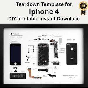 May include: A framed diagram of an iPhone 4, showcasing its internal components. The image includes the phone's front and back, battery, and disassembled parts, with labels. Text at the top reads "Teardown Template for iPhone 4 DIY printable Instant Download."