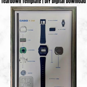 Puede incluir: Un diagrama enmarcado de un reloj Casio F91W, titulado "Teardown Template | DIY Digital Download". El reloj está desmontado, mostrando componentes como el marco LCD, la placa lógica y la correa. El texto incluye "CASIO F91W" y los nombres de los componentes.