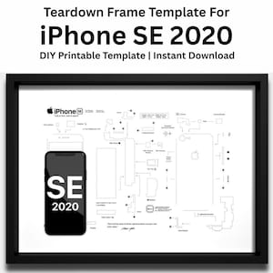 以下が含まれることがあります： iPhone SE 2020の分解図テンプレートが入った黒いフレーム。白いプリントには、バッテリー、カメラ、ロジックボードなど、電話の内部コンポーネントの技術図面が描かれており、SE 2020のテキストが記された黒いスマートフォンが添えられています。