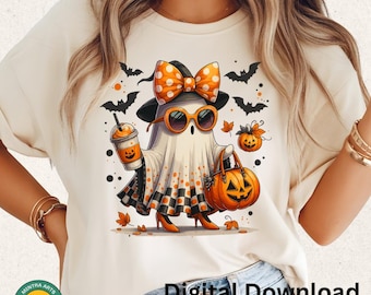 May include: A cream-colored t-shirt featuring a Halloween-themed graphic. The design includes a ghost wearing sunglasses, a bow, and holding a pumpkin bag and a coffee cup. Bats and pumpkins are also in the design. The text "Digital Download" is at the bottom.