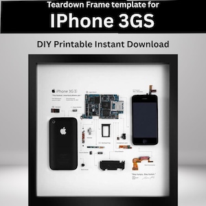 May include: A framed print featuring a deconstructed iPhone 3GS, showcasing its internal components. The black frame surrounds a white background with the phone's parts labeled. Text at the top reads "Teardown Frame template for iPhone 3GS".