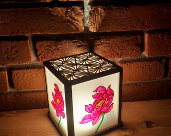 Eco Night Lamp -  Peony Stained Glass Night Light, 3D Printed Base, Hand Painted Floral Lamp (USB Powered)