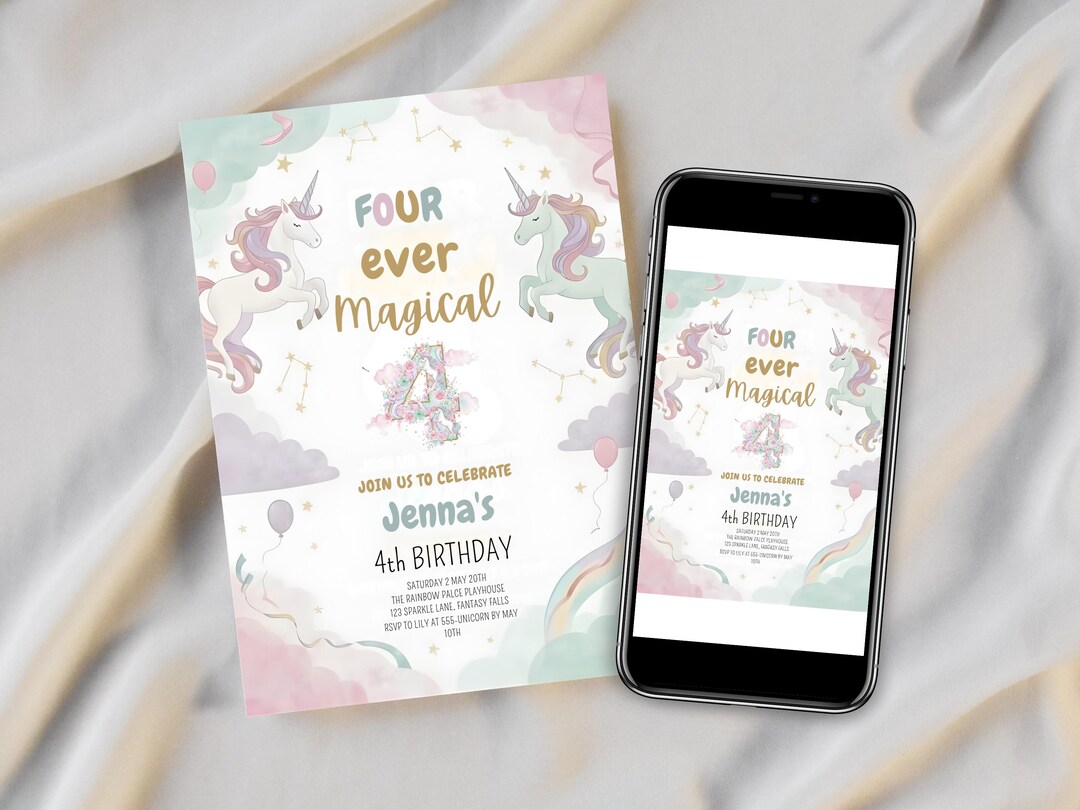 Unicorn 4th Birthday Invitation Four Ever Magical Unicorn Party Invite ...