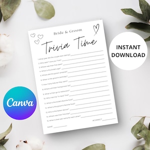Bride and Groom Trivia Game: Minimalist Wedding Shower Fun (Canva Downloadable Template)