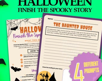 Puede incluir: Juego de actividades con temática de Halloween con el texto "HALLOWEEN FINISH THE SPOOKY STORY". Incluye una hoja de trabajo con indicaciones, un caldero y decoraciones de murciélagos sobre un fondo verde. Presenta el texto "THE HAUNTED HOUSE".