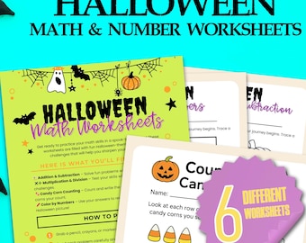 May include: A collection of Halloween-themed math worksheets with a green background, featuring bats, a cauldron, and the text "Halloween Math & Number Worksheets." Includes counting and subtraction exercises. Six different worksheets are available.