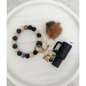 Leopard and Black Beaded Keychain Wristlet | Neutral Silicone Bead Key Ring | Coffee Cup Charm | Gift for Her | Hands-Free Key Holder