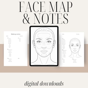 May include: A digital download graphic for makeup artists. The image features a face map and notes, with a face outline on a tablet and two printed sheets. The text reads "Face Map & Notes" and "digital downloads."