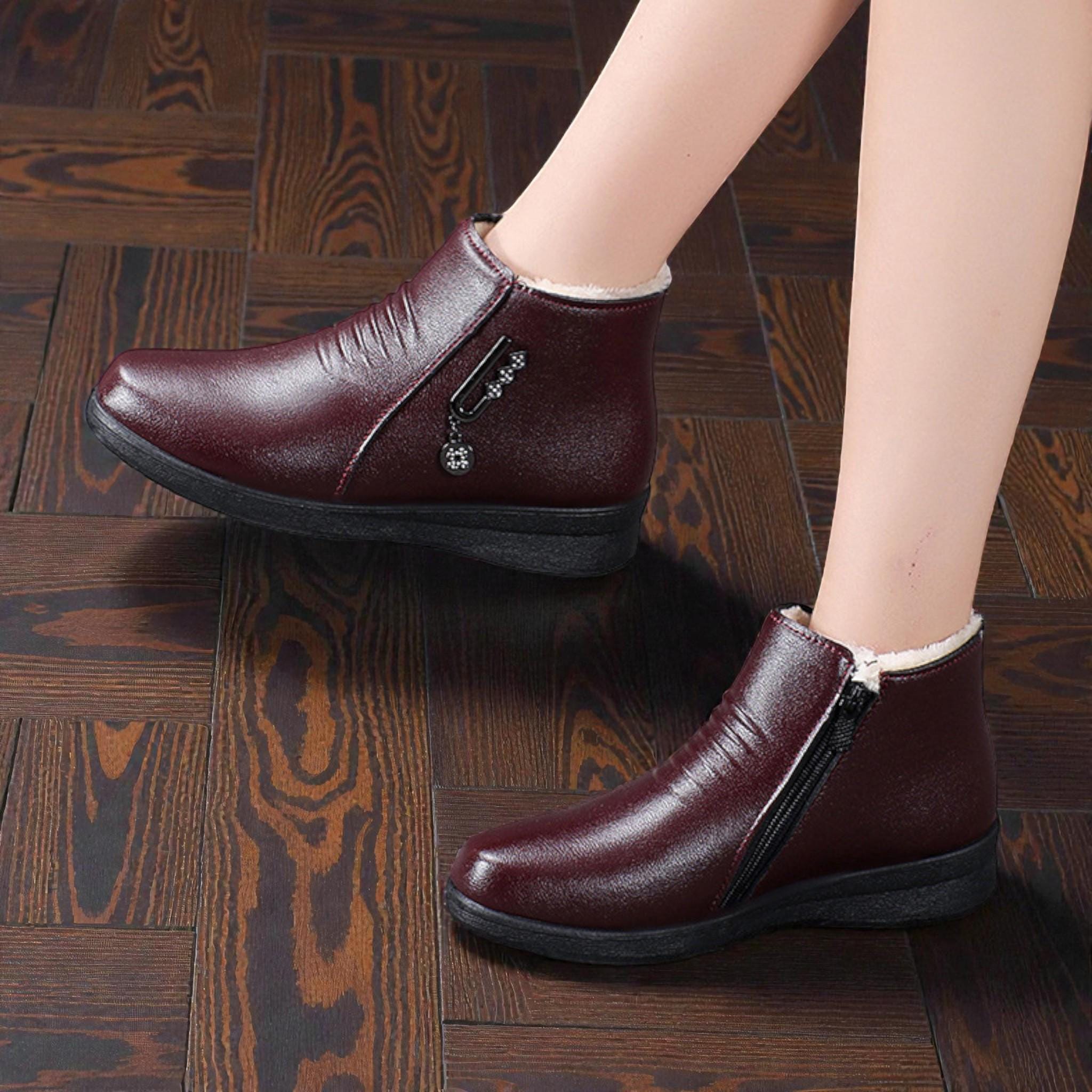 chinese dress ladies Men's Modern Thick Wool-Lined Laceless Zip-Up Leather Boots