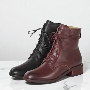 Handmade Cow Leather Ankle Boots for Women – Lace Up Vintage Round Toe High Heels, Large Sizes, Elegant Winter Office Lady Shoes