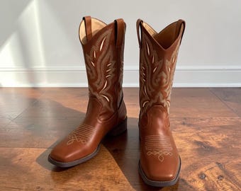 Handmade Brown Western Boots Women Embroidered Square Toe Cowgirl Boots Chunky Heel Festival Biker Boots Spring Summer Gift