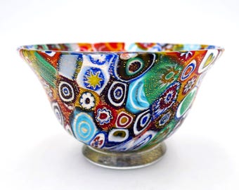 Vintage 1970s Murano Glass MillefioriFooted Bowl 24K Gold Leaf 4.25 x 2.25 in
